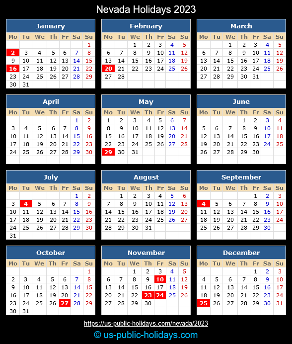 Nevada State Holidays 2023 Calendar
